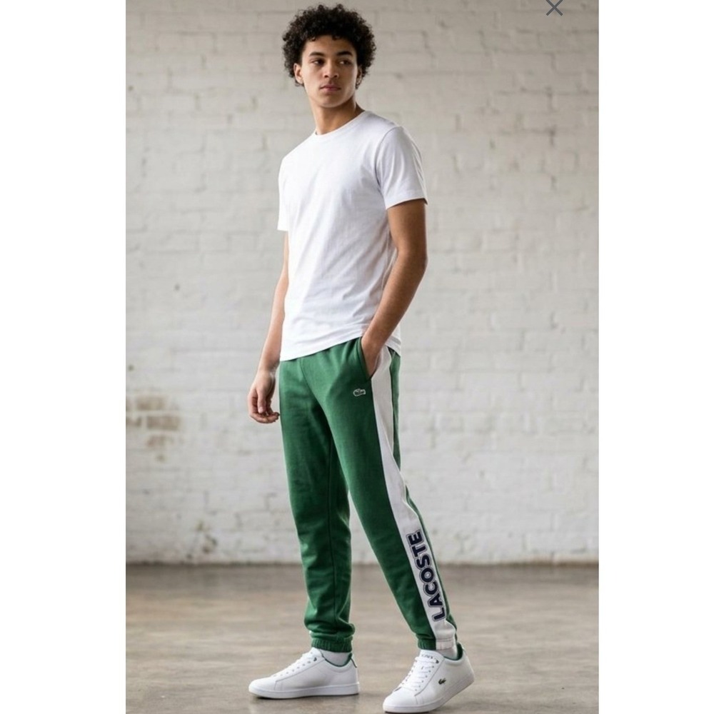 Lacoste Sport Fleece Sweatpants Men XL Green White Side Stripe Logo Joggers NEW